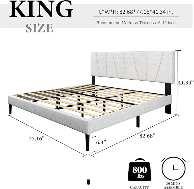 King Size Bed Frame with Fabric Upholstered Headboard, Platform Bed with Wooden Slats Support, Fully Mattress Foundation, Box Spring Optional, Easy Assembly