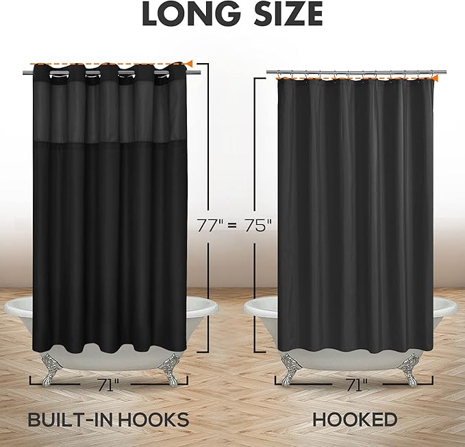 Long No Hook Slub Textured Shower Curtain with Snap-in PEVA Liner Set - 71" x 77"(75"), Hotel Style with See Through Top Window, Black Fabric Curtain & Waterproof Liner, Black, 71x77