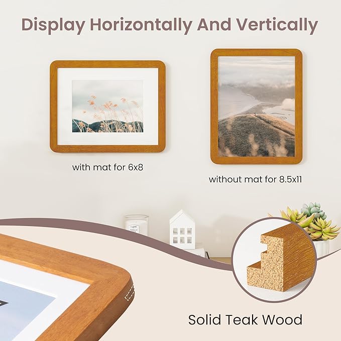 8.5 by 11 Picture Frame - Solid Teak Wood 8.5x11 Fram, 8 1/2 x 11 Diploma Frame With Mat For 6x8, Tabletop and Wall Display, Hanging Hardware Included, Certificate Document Frame, Natural Teak