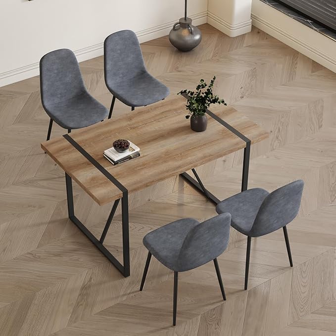 4 Chair Dining Table Set，Dinner Table Set for 4，55'' Kitchen Table and Suede Nap Fabic Chairs Set of 4, 5 Piece Dining Table Set for Kitchen Dining Room