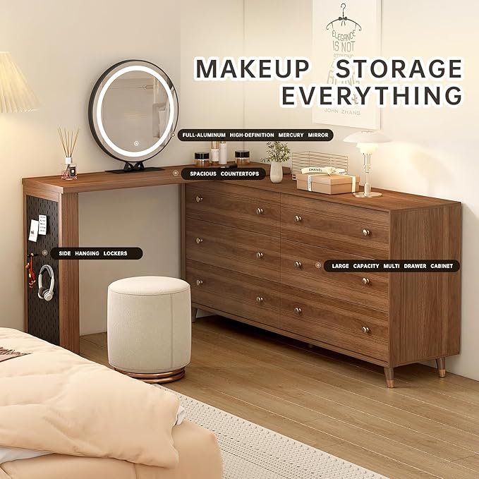 Makeup Vanity Desk Set with Full Aluminum HD Lighted Mirror and Stool, 60-100in Extendable Modern Vanity Table, 6-Drawer Solid Wood Frame Chest, Dressing Table for Bedroom, Brown