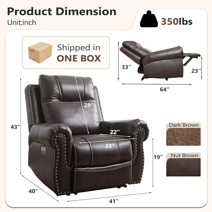 ANJ Electric Power Recliner Chair with USB Ports, Set of 2, Breathable Faux Leather Oversized Recliner with Comfortable Arms, Back and Headrest, Single Sofa for Living Room, Dark Brown