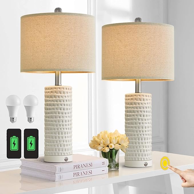 PORTRES 24" Farmhouse 3-Way Dimmable Touch Ceramic Table Lamp Set of 2 for Bedroom White Bedside Lamps with USB A+C Charging Ports for Living Room Nightstand Lamp End Table Lamps