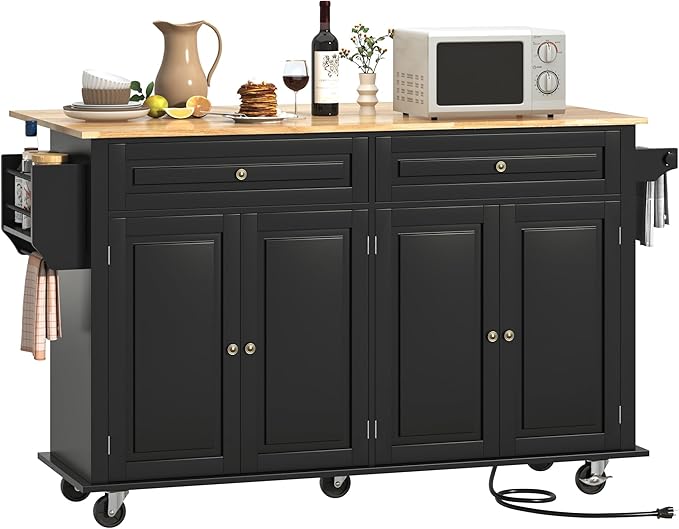 63" Movable Kitchen Island with Drop Leaf and Power Outlet, Rolling Island Cart w/Storage Cabinet, Island Table on Wheels for Kitchen w/2 Drawers, Spice Rack, Towel Bar, Garage Hook, Black
