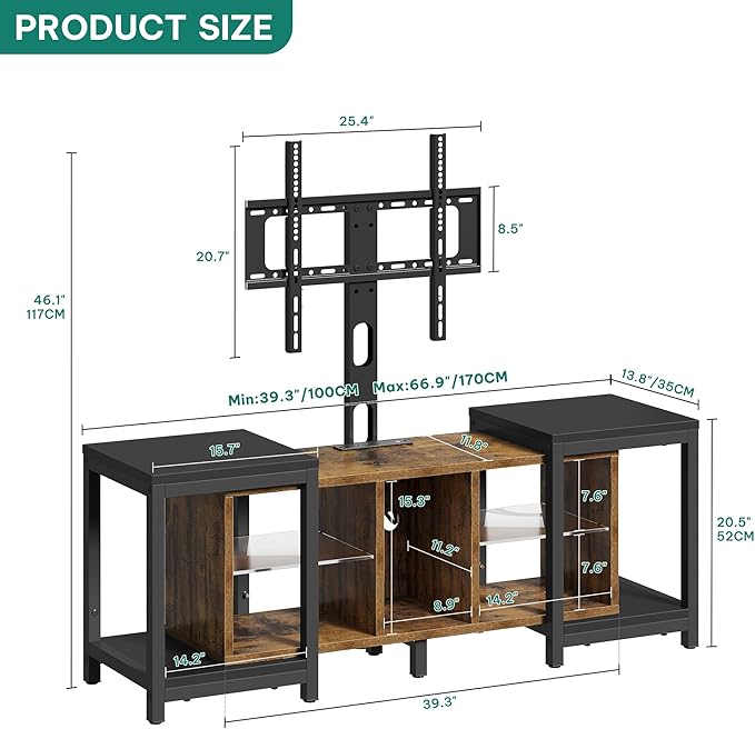 YITAHOME TV Stand with Mount for Living Room, TV Stand for 70inch TV with Power Outlet & LED Lights, LED Entertainment Center, Gaming TV Console Cabinet, Rustic Brown & Black