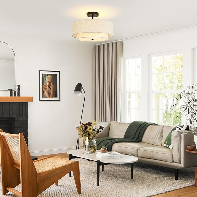 16" Semi Flush Mount Ceiling Light, 3-Light Drum Ceiling Light Fixture with 2-Tier Fabric Linen Shade, Farmhouse Chandelier for Dining Room, Living Room, Bedroom, Kitchen, Hallway, Entryway