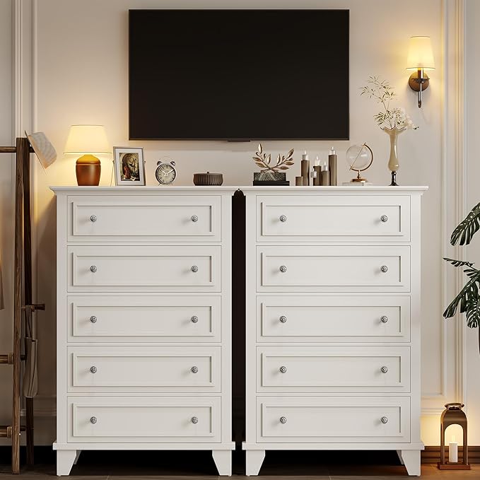GAOMON White 5 Drawer Dresser for Bedroom, 48" Tall Wood Dresser & Chests of Drawers with Deep Drawers, Modern Chest Organizer with Metal Handles for Living Room, Hallway, Entryway