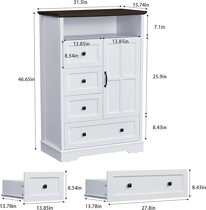 4+1 White Dresser for Bedroom, Chest of Drawers for Bedroom with Wooden Drawers and Cross Door, Wood Dressers Storage TV Stand for Bedroom, Living Room