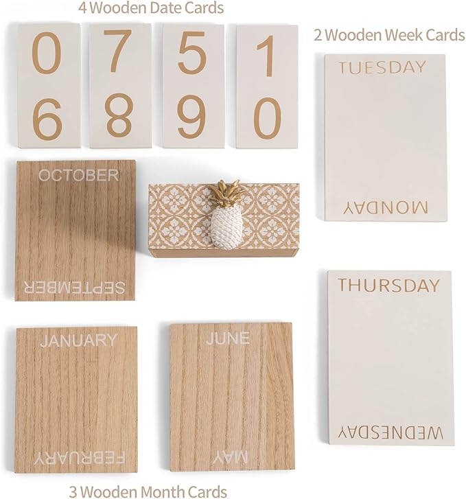 Block Calendar for Desk, Wood Desk Perpetual Calendar, Gift Daily Desktop Vintage Wooden Blocks for Home Farmhouse Office Aesthetic Decor Rustic Decoration Brown Pineapple