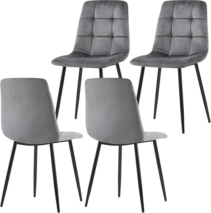 Dining Chair Set of 4,Modern Home Chair Upholstered Velvet Armless Chair,Elegant Velvet Kitchen Chair Plaid Tufted Pattern with Black Metal Legs for Vanity,Dining Room,Grey