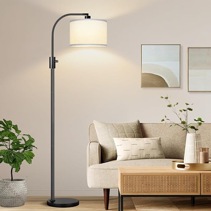 [Upgraded] Dimmable Floor Lamp, 1200 Lumens LED Edison Bulb Included, Arc Floor Lamps for Living Room Modern Standing Lamp with White Shade, Black Tall Lamp for Living Room Bedroom Office Dining Room