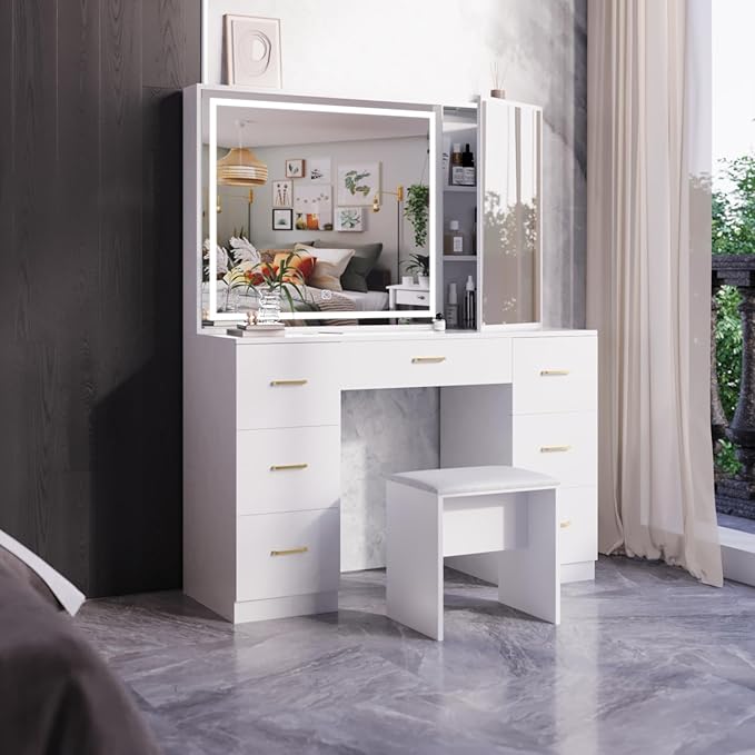 Makeup Vanity Desk with Large Mirror and LED Lights,White Vanity with Hidden Storage Mirror Cabinet&7 Drawers,Vanity with Chair,Makeup Organizer Countertop for Room (White)