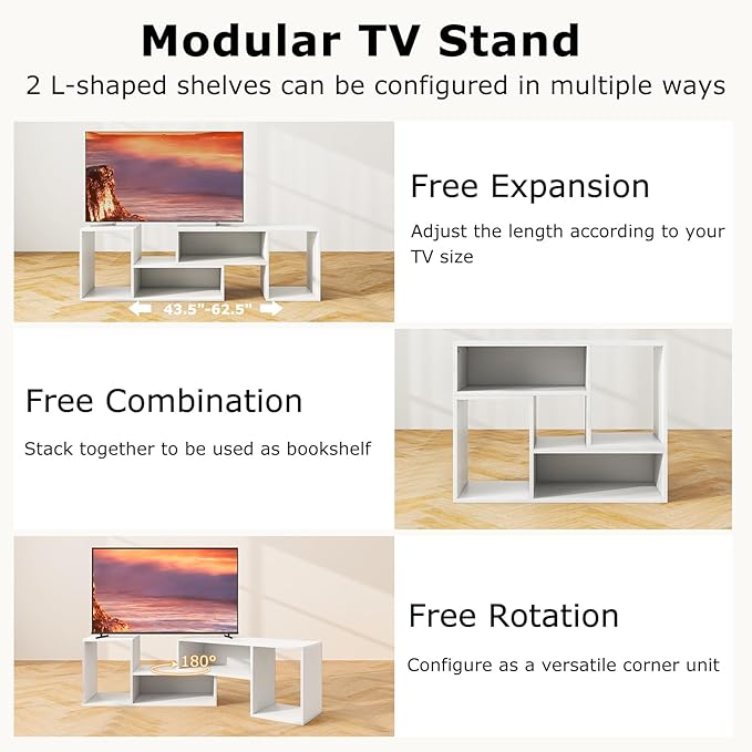 Tangkula 2 Pieces L-Shaped TV Stand, Free-Combination Entertainment Center for TVs up to 55 Inch, Modern TV Media Console Table with 4 Open Cubes, DIY Bookcase Shelf for Living Room (White, 2 pcs)
