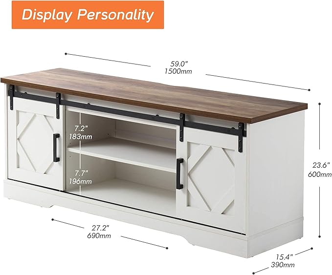 WAMPAT Farmhouse Sliding Barn Door TV Stand for TVs Up to 65 inch, Modern Storage Entertainment Center, Wood Media Console Table Cabinet 3-Level Adjustable Shelf for Living Room, White/Oak