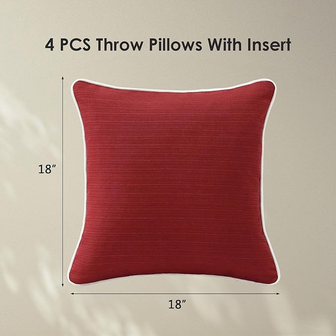 Decorative Outdoor Water Repellent Throw Pillows with Inserts, Set of 4, 18" x18" Pillows for Patio, Backyard, Bed, Couch, and Patio Furniture, Red
