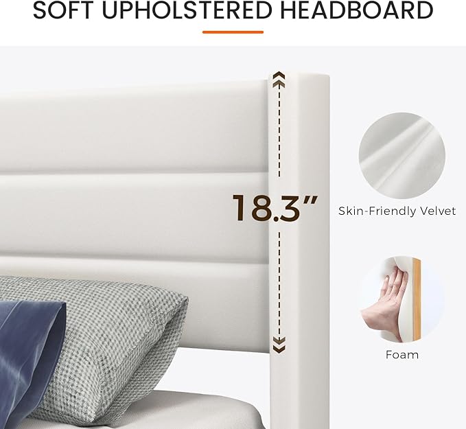 Casaottima Queen Bed Frame Upholstered Platform Bed with Wingback Headboard, Wooden Slats Support, Noise-Free Mattress Foundation, No Box Spring Needed, Easy Assembly, Horizontal Stripe Cream White