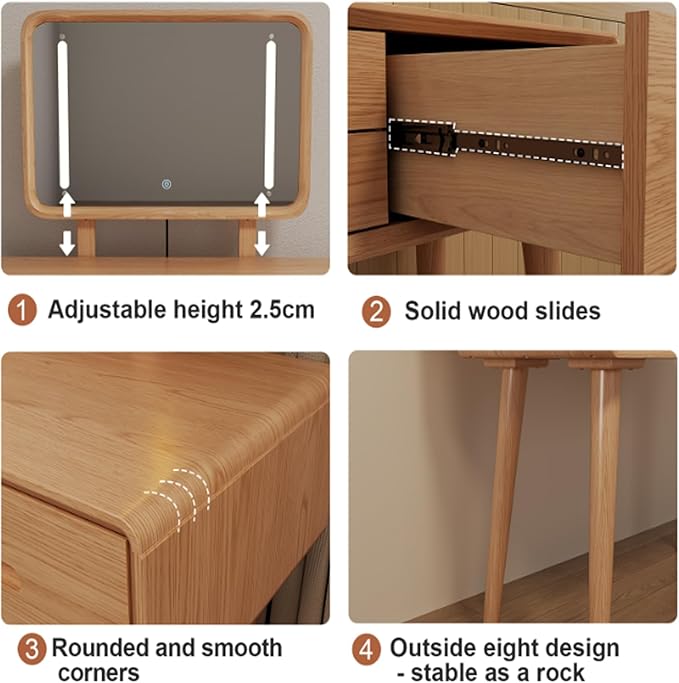 Soild Wood Vanity Table 38 IN with Light Mirror High Adjustable, Make Up Desk Large Dressing Table 3 Lighting Modes, Makeup Vanity 3 Drawer Dresser Vanity Table Wooden for Checkroom Apartment Bedroom