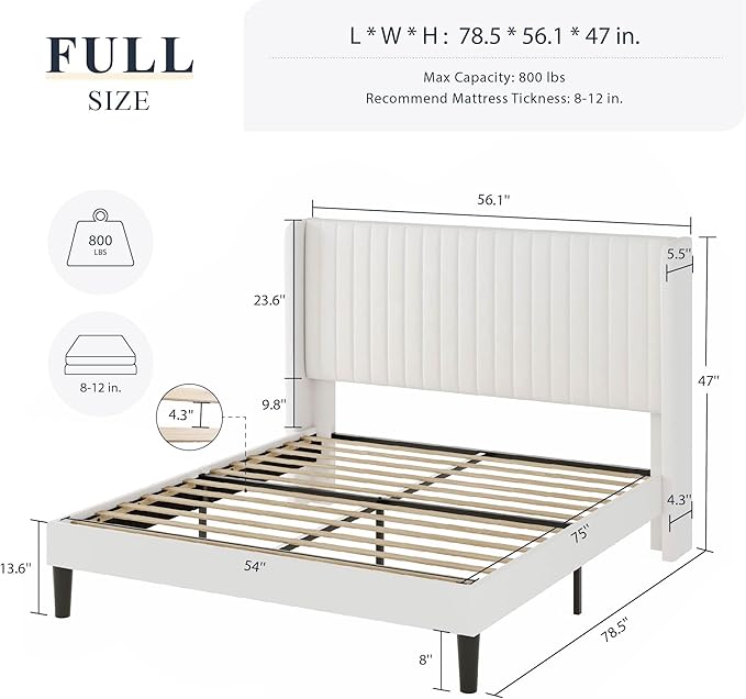 Allewie Full Size Velvet Bed Frame/Vertical Channel Tufted Wingback Headboard/Upholstered Platform Bed/Strong Wooden Slats/No Box Spring Needed/Easy Assembly/White