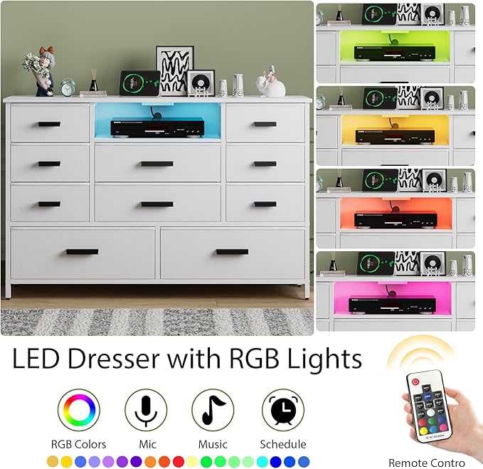 Dresser with Charging Station, White Dresser for Bedroom with 10 Drawers, TV Stand Storage with LED Light for 55" TV, Fabric with PU Finish, Morden Chest of Drawers for Bedroom, Closet