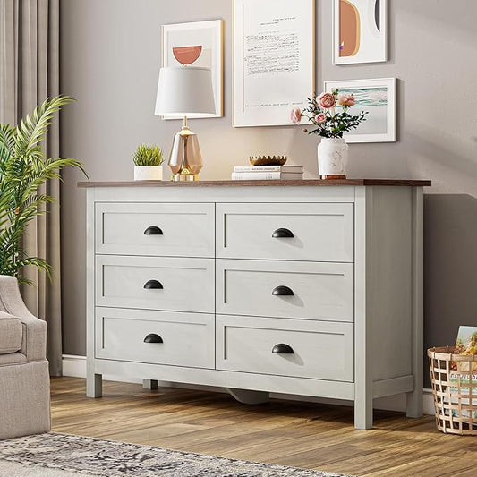 Wananlanen® Farmhouse Dresser for Bedroom, Antique Double Dresser & Chest of Drawer with Vintage Handle and Storage, Wooden Tall Rustic Organizer for Bedroom (Antique White, 6 Drawer)