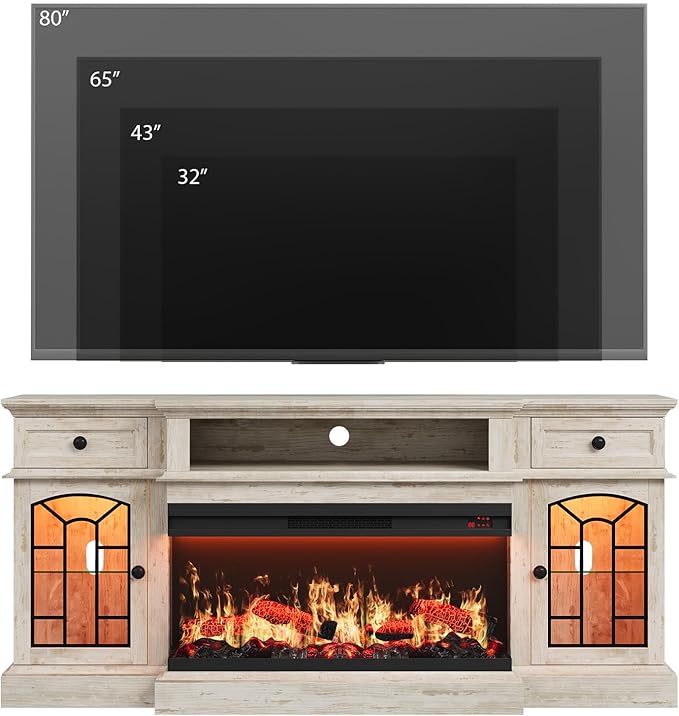 QUW 70" Farmhouse Fireplace TV Stand for TVs up to 80", Entertainment Center with 36" 3-Side Glass Electric Fireplace with Open Shelf and Cabinet, TV Console for Living Room, Antique Brush Grey