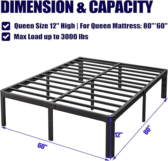 12" High Queen Bed Frame No Box Spring Needed, Heavy Duty Metal Platform Bed Frame Queen Size with Round Corners, Easy Assembly, Noise Free, Black