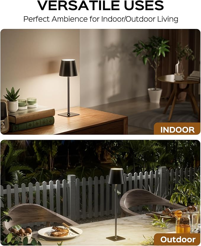 JACKYLED Cordless Lamp DIY Height, 3 Color Stepless Dimming, 5000mAh Battery Operated Lamp Portable Rechargeable for Bedroom Dinning Kitchen Metal Black, 2 Pack