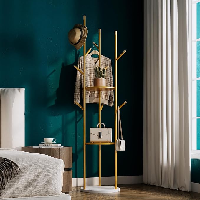 Gold Coat Rack Stand,Freestanding Coat Racks whit Marble base,heavy duty coat hanger Stand,metal Coat Rack with 3 Shelves and 9 Hooks,Coat Tree for Entryway, Bedroom, Coats, Bags,