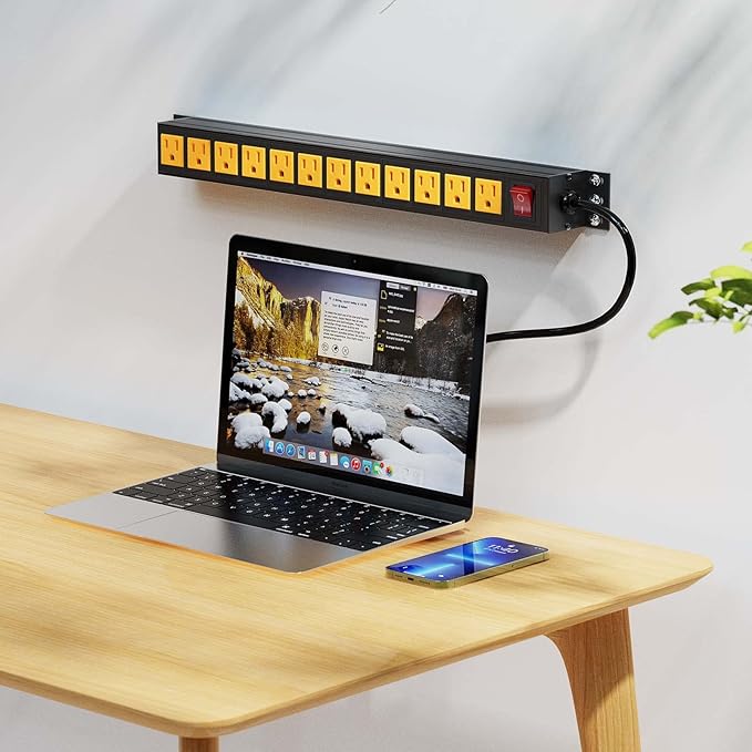 BTU Power Strip Surge Protector Rack-Mount PDU, 12 Outlet Power Strip with Switch, Metal Mountable Heavy Duty for Server Racks, Garage Shop, Industrial Commercial (Yellow 6FT)