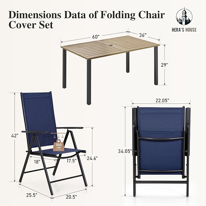 HERA'S HOUSE 7-Piece Outdoor Dining Set for 6, 60" Weather-Resistant Metal Patio Table with 6 Foldable Blue Chairs, Perfect for Garden, Backyard, Porch & Lawn (Space-Saving Design)