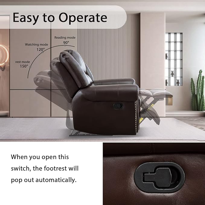 INZOY Leather Recliner Chair, Heavy Duty Manual Reclining Sofa Single Lounge Sofa for Living Room, Home Theater Seating, Brown