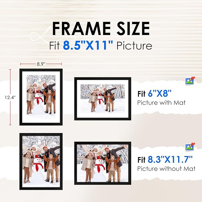 FIXSMITH A4 Picture Frame Set of 2, Black Photo Frame with HD Plexiglass, Display Pictures 6x8 with Mat or 8.3x11.7 Without Mat Multi Picture Frames Collage for Tabletop or Wall Display