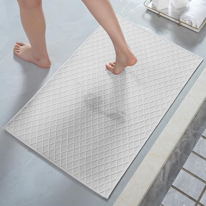 AMOAMI Ultra Thin Bathroom Rugs, Rubber Backed Bath Mats for Bathroom Non Slip, Absorbent Bathroom Mat for Floor, Shower, Sink (17"x28", White)