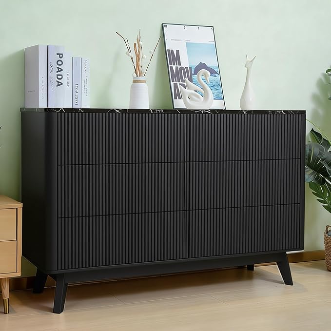 Fluted 6 Drawers Dresser for Bedroom,52" Wide Handleless Chest of Drawers with Faux Marble Top, Wooden Dresser TV Stand, Wood Drawer Organizer for Living Room, Hallway, Black