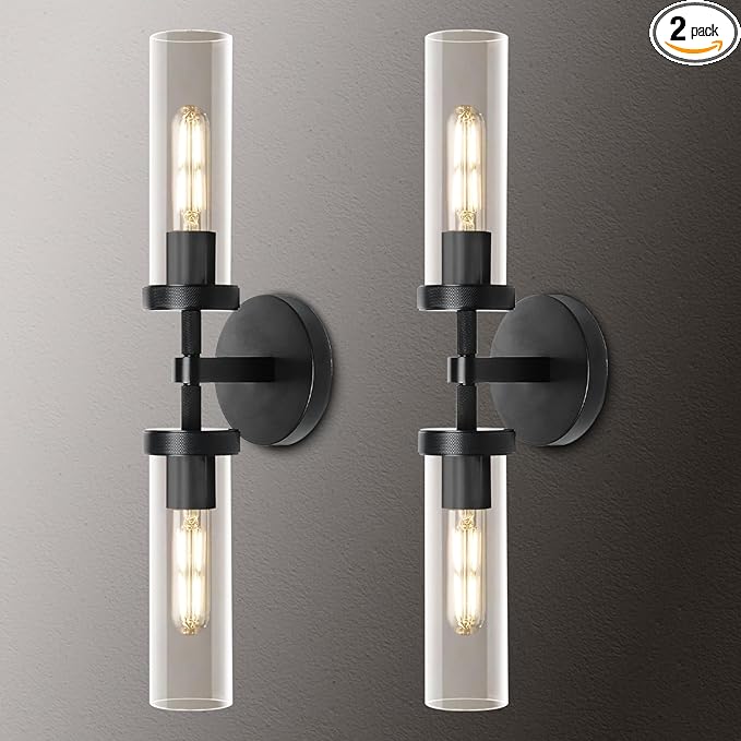 Black Bathroom Vanity Wall Sconces 2-Light Glass Tube Wall Sconce 21in Horizontal or Vertical Linear Wall Sconces Black Vanity Light Indoor Wall Sconce E26 Bulb Included