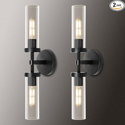 Black Bathroom Vanity Wall Sconces 2-Light Glass Tube Wall Sconce 21in Horizontal or Vertical Linear Wall Sconces Black Vanity Light Indoor Wall Sconce E26 Bulb Included