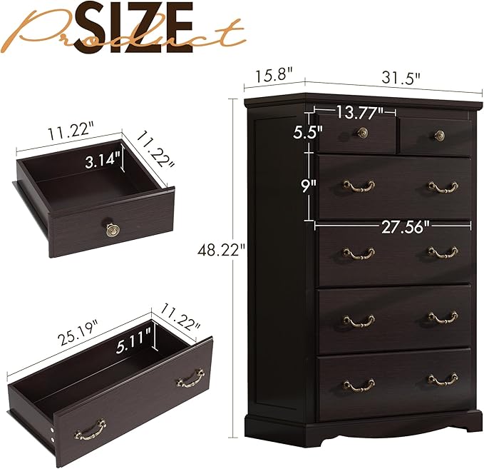 Farmhouse 6 Chest of Drawers for Bedroom, 48" Tall Wood Dresser with Bronze Retro Handles & 3D Drawer Fronts, Rustic Closet Dresser for Bedroom, Hallway, Espresso