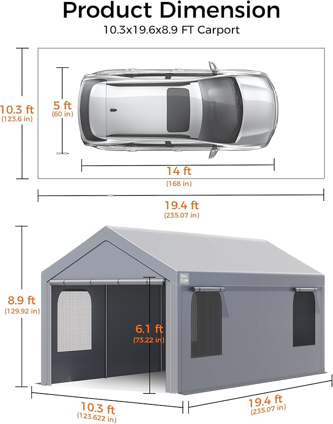 Carport, 10 x 20 FT Portable Garage Heavy Duty, Carport Canopy with Sidewalls Roll-Up Door & Windows, Car Port Canopy Tent Reinforced with Extended Skirt for Truck, Boat, Car Shed (Light Gray)