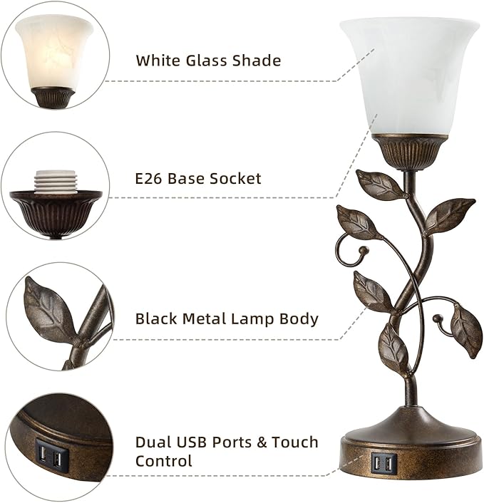 RORIANO Touch Bedside Table Lamp, Vintage Nightstand Lamp with 2 USB Ports for Living Room, 3 Way Dimmable Leaf Lamp Retro Table Lamp for Bedroom with White Glass Shade, LED Bulb Included