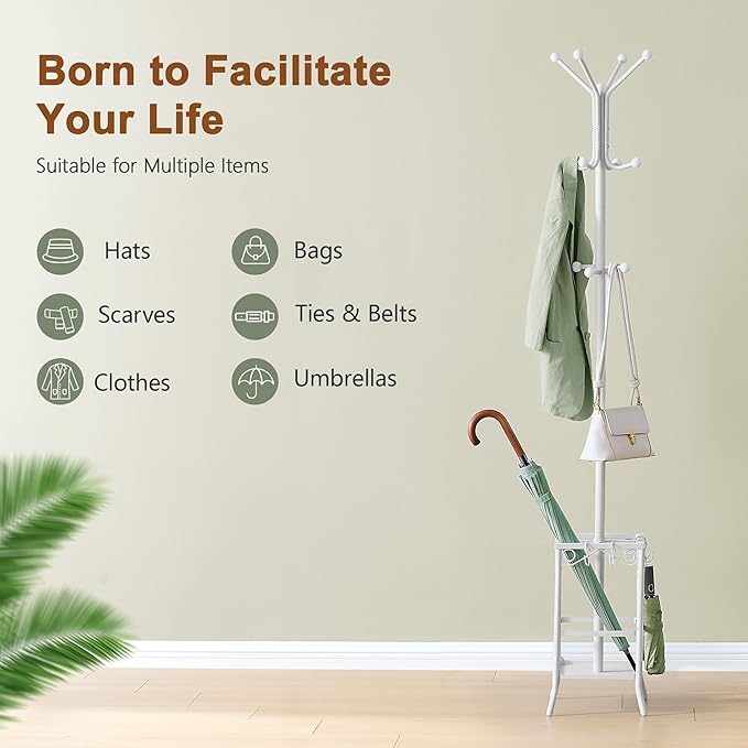 Hoctieon Coat Rack Freestanding, Coat Tree with Umbrella Holder, Metal Coat Rack Stand with 12 Hooks, Standing Coat Hanger Stand, Umbrella Stand for Entryway, Hat Rack Stand for Home Office, White