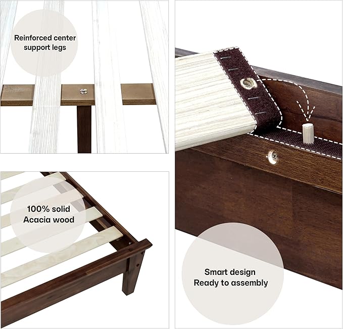 Acacia Kaylin King Size Bed Frame with Headboard, Queen Bed Frame with Headboard 800 lbs Capacity Natural Wood Bed All Mattress Support & No Box Spring Needed, Wood Slats Support, Chocolate.