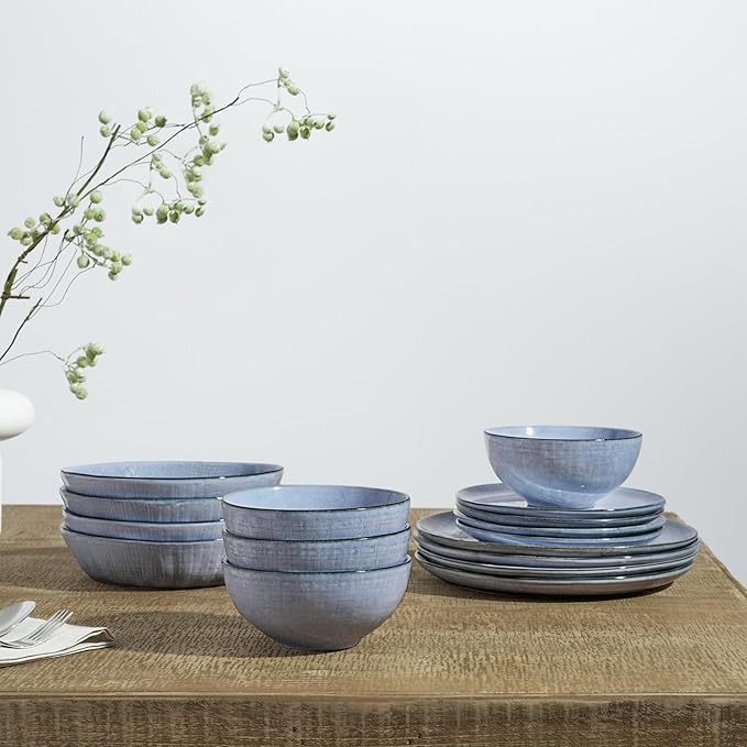 Famiware Moonlight Plates and Bowls Sets, 12 Pieces Stoneware Dinnerware Sets with Linen Finish, Handmade Dishware Set for 4, Microwave and Dishwasher Safe, Chip and Scratch Resistant, Blue