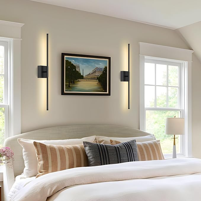 Battery Operated Wall Sconce Set of Two with Remote Control, 3000K-6000K Dimmable Black Wall Lights, Timable LED Wireless Wall Sconces, 350° Ratate for Bathroom, Living Room, Hallway 29.1 Inch