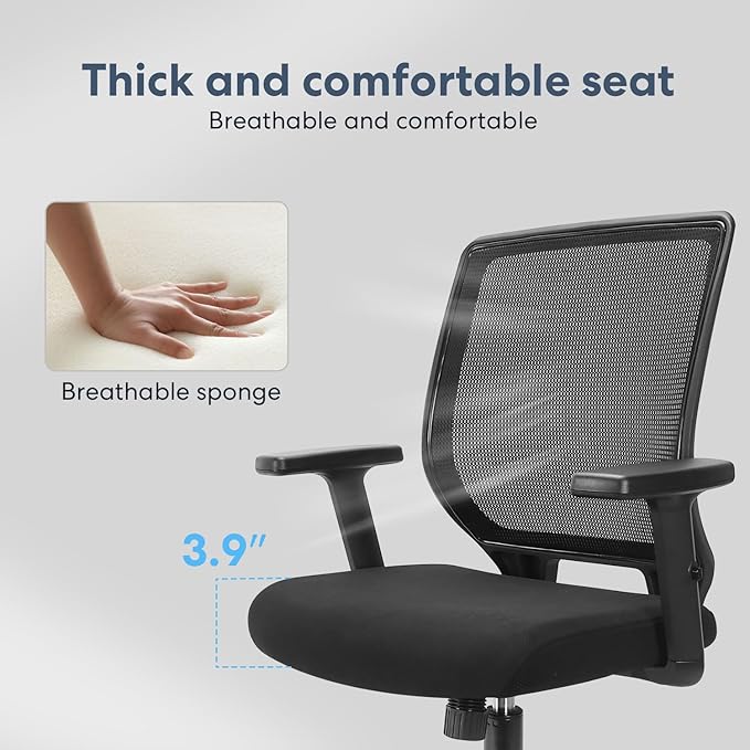 Ergonomic Office Chair Home Mesh Desk Chair with Adjustable Arms - Mid Back Computer Chairs for Adults - Swivel Task Chair Comfortable for Home Office (Black)