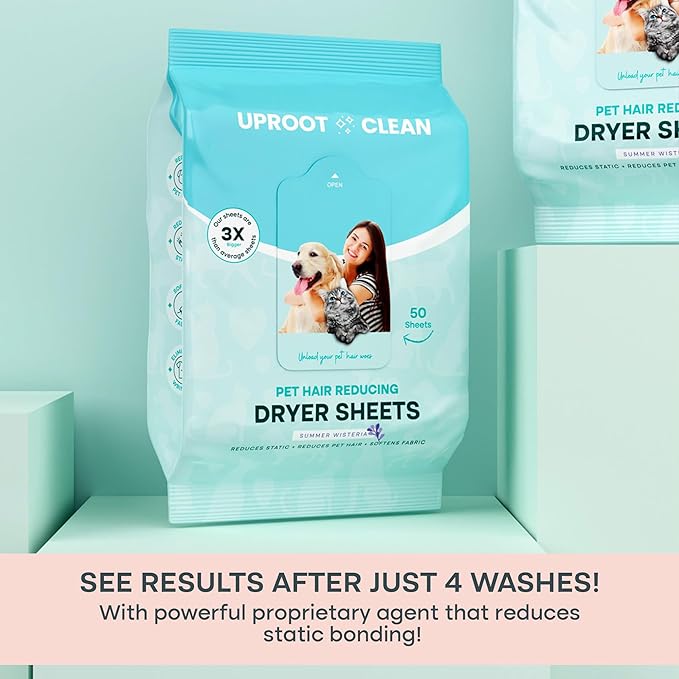 Uproot Clean Dryer Sheets Pet Hair Reducing - Pet Hair Remover for Laundry - Breaks Static Bonds and Prevents Dog and Cat Fur from Sticking to Clothes - Softens, Freshens, & Reduces Wrinkles - 50ct