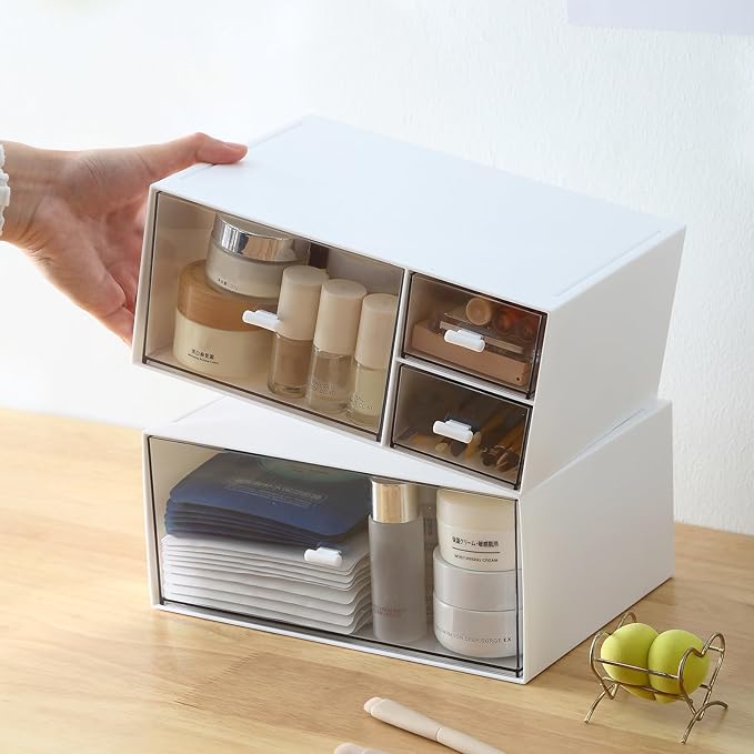 Desk Organizer with 4 Drawers, Makeup Organizer, Plastic Sundries Storage, Vanity Organizer, Cosmetic Storage Organizer, Desk Storage Box, Bathroom Counter or Dresser, White (CD-QBH-01)