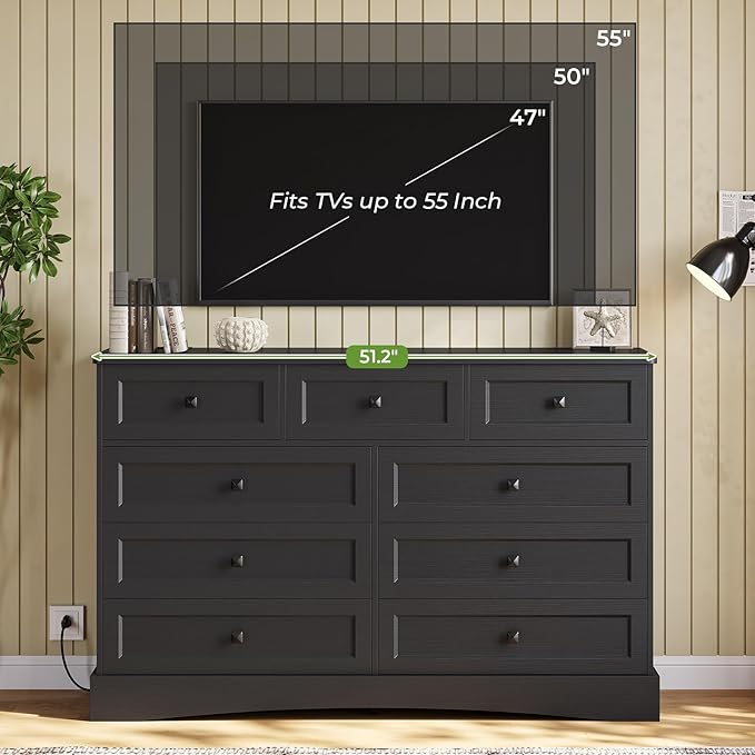 Hasuit Black Dresser for Bedroom with 9 Drawers, 51.2" Large Drawer Dresser with Charging Station, Wide Farmhouse Dresser Chest of Drawers, Wooden Storage Tower Organizer, Dresser for Bedroom Closet