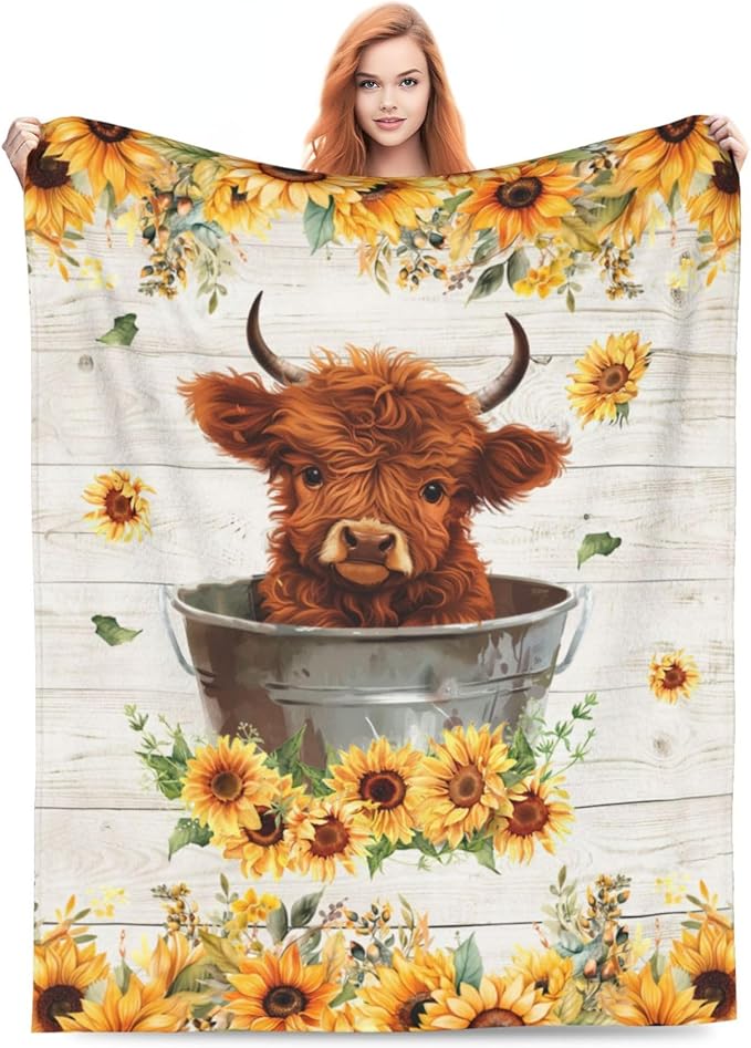 Highland Cow Sunflower Blanket Cow Throw Blankets Cozy Fleece Flannel Blanket Bedding Highnald Cow Gifts for Men Women Boys Girls Kids Teens for Couch Sofa Bed Decor 50"X60"