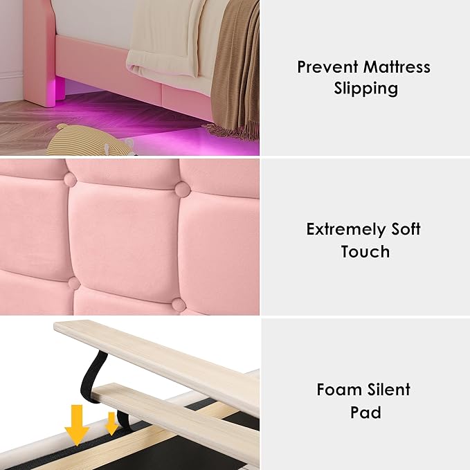 Keyluv Upholstered Twin Floating Bed Frame with RGB LED Lights and Charging Station, Velvet Platform Bed with Button Tufted Storage Headboard, Type-C & USB Charging Ports, No Box Spring Needed, Pink