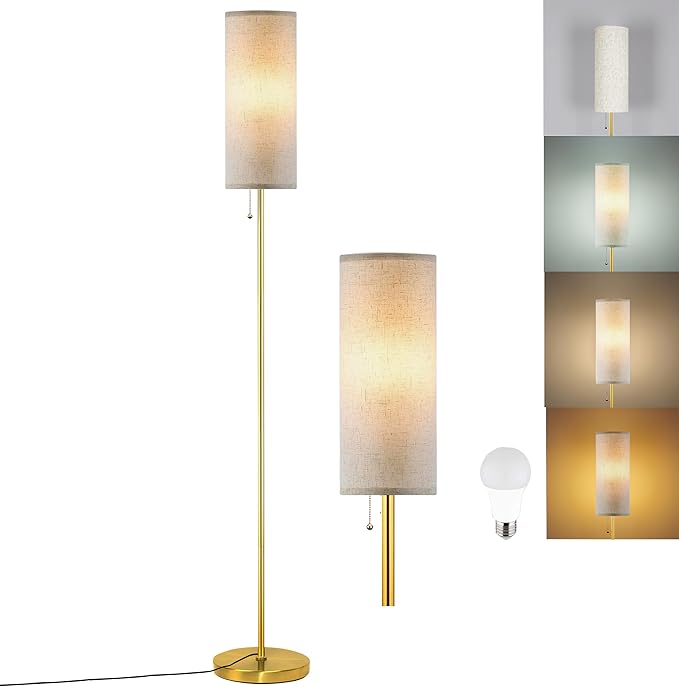 Floor Lamp for Living Room, Modern Standing Lamps with Lampshade, Minimalist Tall Lamp with Chain Switch for Living Room, LED Bulb Included (Beige+Gold)